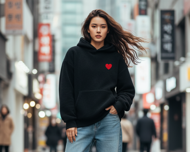 Person wearing a black hoodie with a red heart and light blue jeans on a city street.