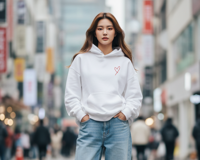 Person wearing a white hoodie and light blue jeans standing on a city street.